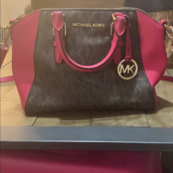 Michael Kors hot pink and brown purse - Picture 1 of 4